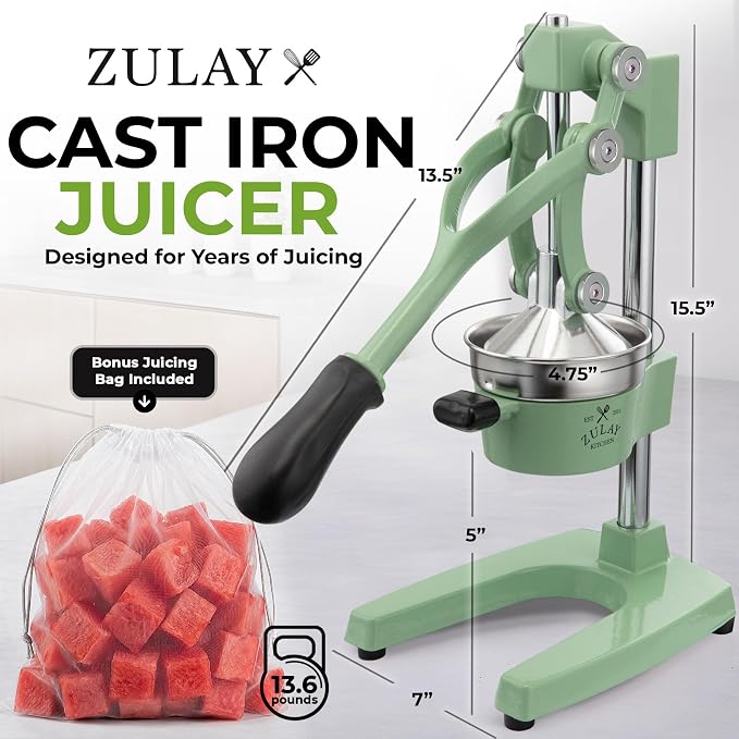 Zulay Kitchen Cast Iron Juicer - Heavy Duty Manual Juicer with Detachable Strainers for Easy Cleaning, Orange Juice Press for Citrus Fruits, Perfect for Bartenders, Juice Lovers & Health Enthusiasts