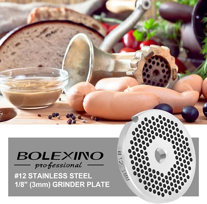 #12 Meat Grinder Plate, 3mm Fine Grinding Plate for Sausage | #12 stainless steel plate, 3mm fine grind for sausage, For hot dogs & bologna,Fits most #12 grinders,Dishwasher safe & clean.