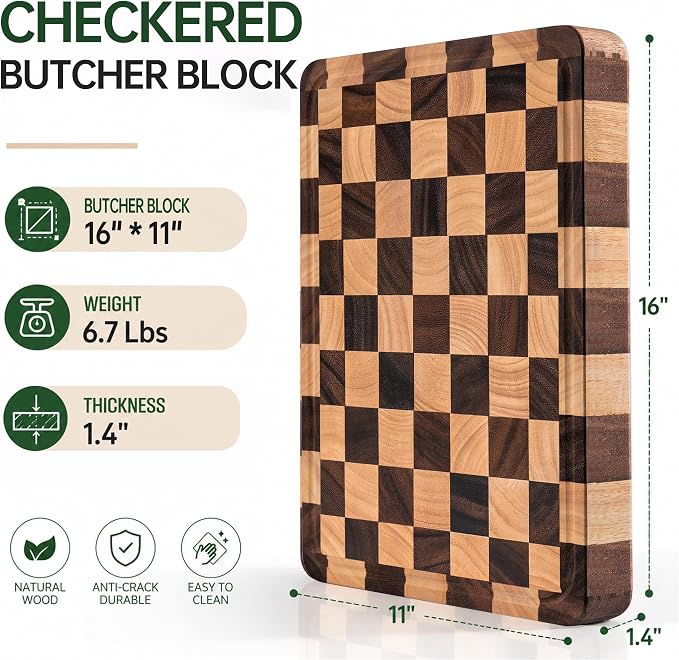 1.4" Checkered Cutting Boards for Kitchen, Thick Wood Butcher Block | Chooping Board with Juice Grooves & Handles, Serving Tray for Meat, Vegetables Fruits with Gift Box, 16" x 11"