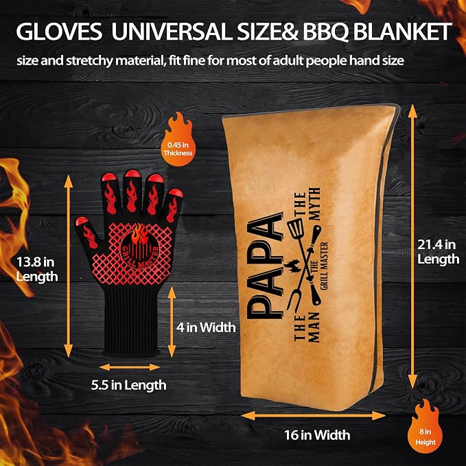 Papa Gifts, Gifts for Papa from Grandkids Fathers Day BBQ Blanket with Grill Gloves, Meat Resting Bag for BBQ Smoking, Grilling Gloves Heat Resistant for Outdoor Grill Party on Birthday