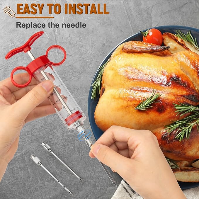Kingsmile Meat Injector Syringe, 3 Marinade Injector Needles for Meat, Seasoning Injector with1oz Capacity,Turkey Injector for BBQ Grill, Premium Injector Syringe with Black Oil Brush & Cleaning Brush