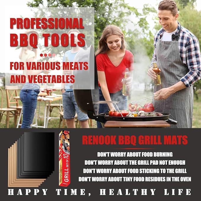 Grill Mats for Outdoor Grill, Set of 10 （5 Black+5 Copper）Grill Mat for Gas Grill, Non-Stick BBQ Sheets for Grilling, 15.75 X 13 Inch