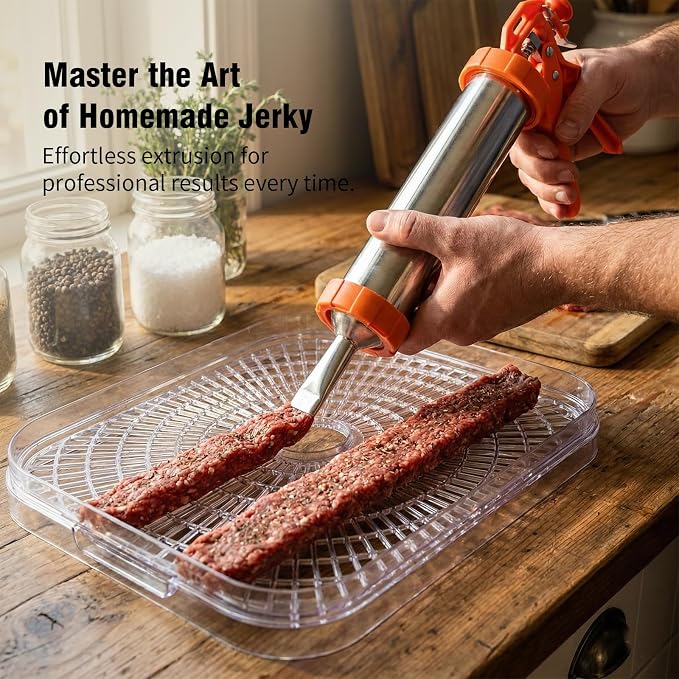 Hoypeyfiy Stainless Steel Jerky Gun Sausage Maker Sausage Stuffer Handmade Beef Jerky Gun with 5 Stainless Nozzles Meat Pusher Cleaning Brushes Kit (2.5LB)