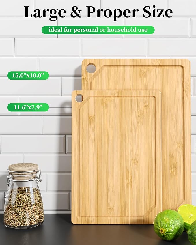 Kitsure Bamboo Cutting Board for Kitchen, Set of 2, Natural | Multi-Sizes Wooden Cutting Boards for Chopping & Serving, Convenient Kitchen Essentials, Deep Juice Grooves