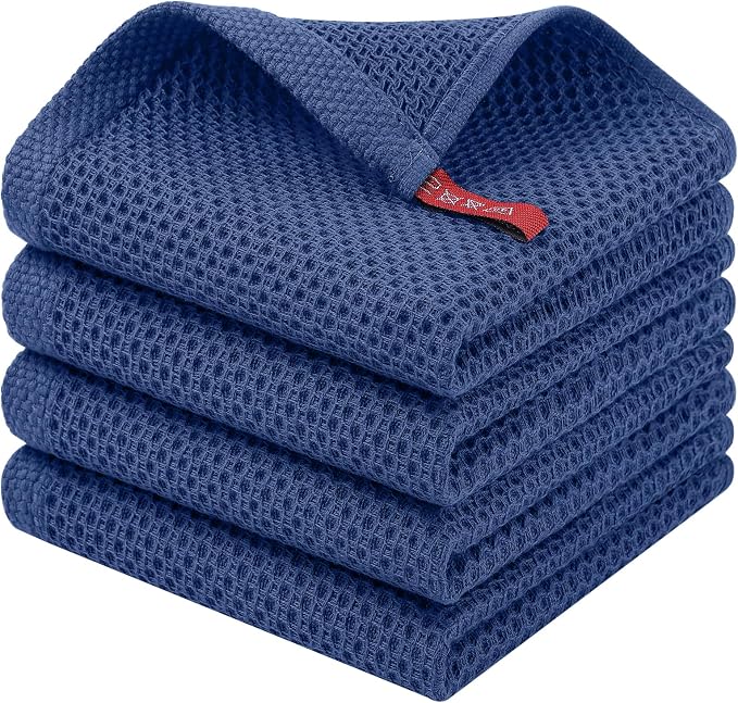 Homaxy 100% Cotton Waffle Weave Kitchen Dish Cloths, 4-Pack, Navy Blue | 12 x 12 Inches, Ultra Soft Absorbent Dish Towels, Quick Drying Dish Rags with Hanging Loop