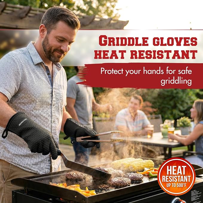 KITCHEN PERFECTION Silicone Griddle Grill Gloves Heat Resistant Oven Mitts | Waterproof, 5-Finger Design For A Better Grip, Best Griddle Grilling Accessories, Compatible with Blackstone, Weber & More