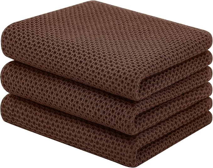 Homaxy 100% Cotton Waffle Weave Kitchen Towels, 3-Pack, Coffee | 13 x 28 Inches, Ultra Soft Absorbent Dish Towels, Quick Drying Cleaning Towels