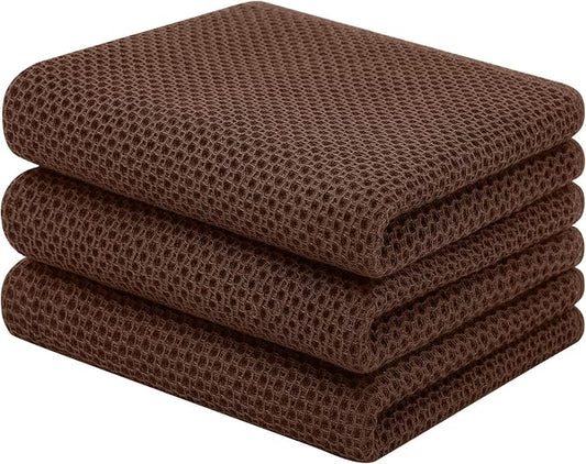 Homaxy 100% Cotton Waffle Weave Kitchen Towels, 3-Pack, Coffee | 13 x 28 Inches, Ultra Soft Absorbent Dish Towels, Quick Drying Cleaning Towels