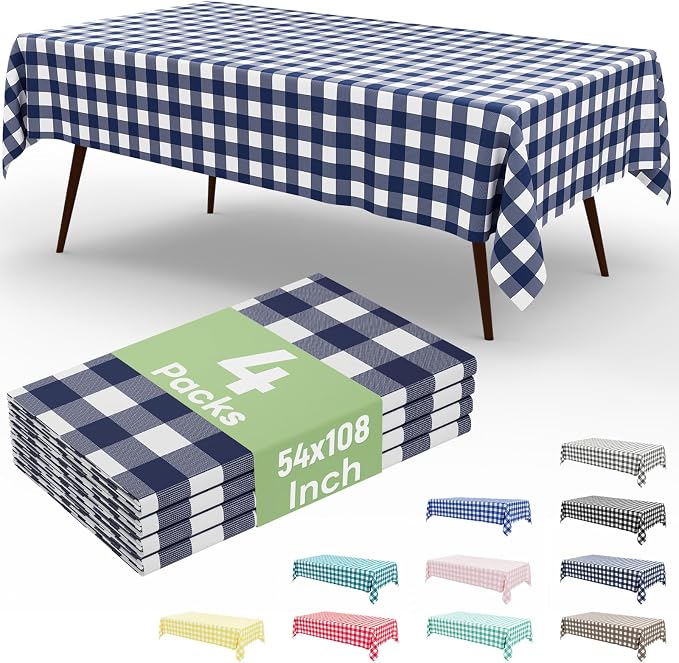4 Packs Buffalo Disposable Table Cloth, 54 x 108 Inch Waterproof Plastic Tablecloth, Rectangle Navy and White Checkered Table Covers for Picnic, Birthday, Party, Back to School