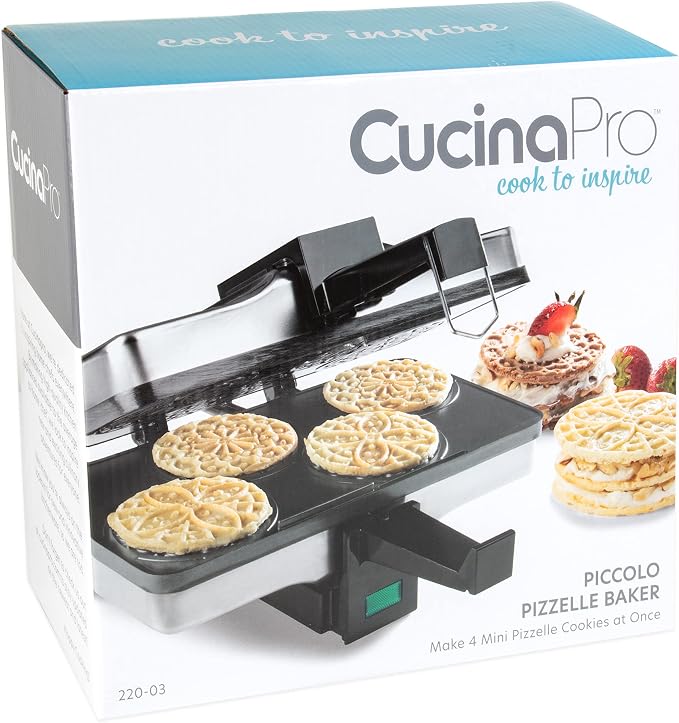 Piccolo Pizzelle Baker, Non-Stick Electric Press Makes 4 Mini Cookies | Even Heating Plates, Fun Baking Machine with Recipe Guide, Brunch Party Supplies, Italian Waffle Dessert Treat, Gift for Her
