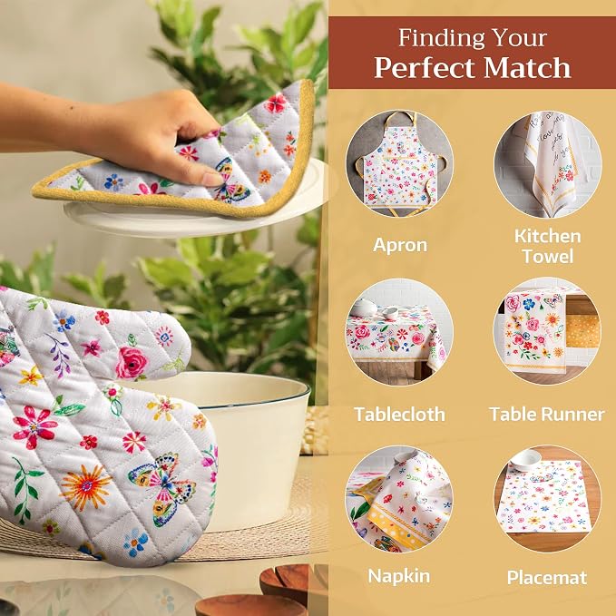 Maison d' Hermine Pot Holders 100% Cotton Potholders (8" x 8", Pack of 2) | Heat Resistant Hot Pads with Loop BBQ Cooking Farmhouse Kitchen Handling Hot Pans Spring Summer - Happy Florals - Sweety