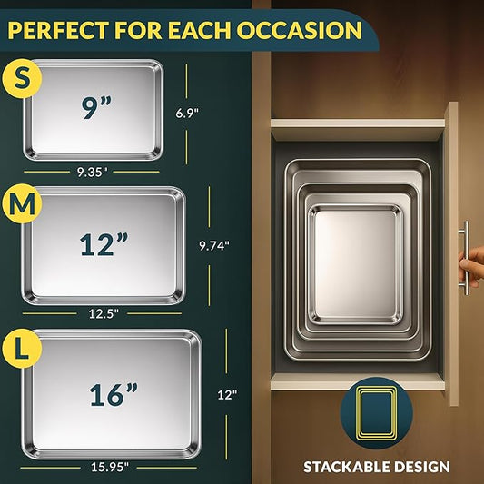 Baker’s Signature Stainless Steel Cookie Sheet Pan, Stainless Steel Baking Sheet Set of 3, Mirror Finish, Non-Stick, Rust Resistant, BPA Free, Dishwasher Safe, 9/12/16 Inch