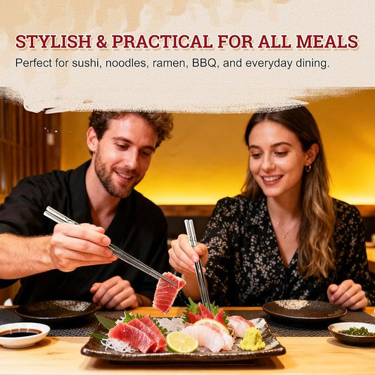 52USA Stainless Steel Chopsticks Reusable Gift Set, 5 Pairs–Lightweight 304 Stainless Steel Metal Chopsticks,Dishwasher Safe, Non-Slip, 9 in/22.9cm,Japanese Korean Chop Stick Ideal for Sushi, Noodles
