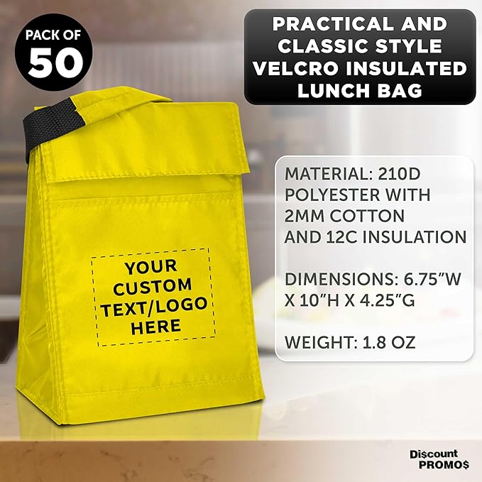 DISCOUNT PROMOS 50 Hook and Loop Insulated Lunch Bags Set - Customizable Text, Logo - Polyester, Durable, Vibrant, Reusable - Yellow