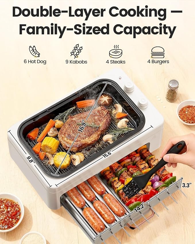 4-in-1 Electric Indoor Grill Smokeless for Home,Countertop Electric Grill with Removable Sizzle Grill Pan & Grate + Auto Rotating Kabob Skewers + Electric Hot Dog Roller Dual Zone Cooking with Lid