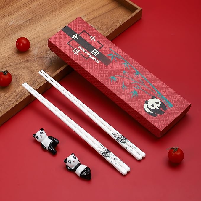 Ceramic Chopsticks Gift set with Panda Porcelain Rest,Reusable,Green Bamboo | Easy to Clean,Dishwasher Safe,Ceramic Chopsticks Holder,Chinese Japanese Korean,Classic Stylish,Exquisite Panda Gift Box