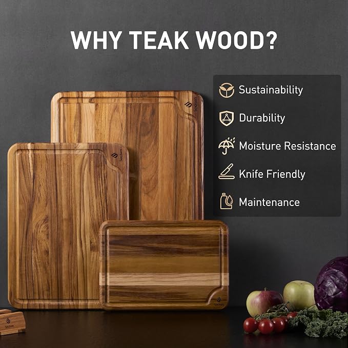 3 Pack Teak Wood Cutting Board Set for Kitchen Charcuterie Board Serving Heavy Duty Non Toxic Slip Over Sink Solid Thick Haus Wooden Chopping Board Large Big Small Meat Best Kitchen Mother Gift
