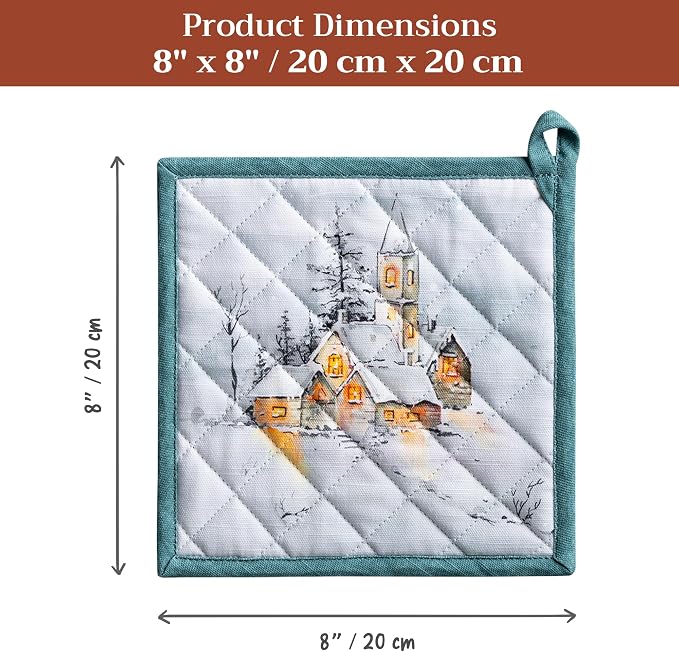 Maison d' Hermine Pot Holders 100% Cotton Potholders (8" x 8", Pack of 2) | Heat Resistant Hot Pads with Loop BBQ Cooking Baking Hotel Kitchen Handling Hot Pans Thanksgiving Christmas - Neige de Noel