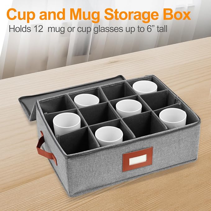 2 Pack Cup and Mug Storage Box with Dividers for 24 Tea Cups and Coffee, Coffee Mug Storage with Zipper Lid and Rivet Reinforced Handles, Protects Fine China, Hard Top, Sides and Stackable (Grey)
