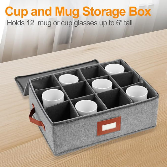 2 Pack Cup and Mug Storage Box with Dividers for 24 Tea Cups and Coffee, Coffee Mug Storage with Zipper Lid and Rivet Reinforced Handles, Protects Fine China, Hard Top, Sides and Stackable (Grey)