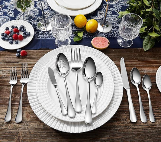 KEAWELL Premium Verona 65-Piece Silverware Set for 12 – Heavy Duty 18/10 Stainless Steel, Brilliant Mirror Finish, Smooth Edges, Dishwasher Safe (65, Silver)