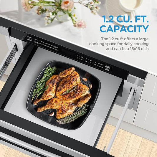 Midea MM12S2ASZ Oven 1000W, 1.2 Cu.ft Drawer, 24'' Built-in Microwave, Stainless Steel, Child Safety Lock, One-Touch, Auto-Menus