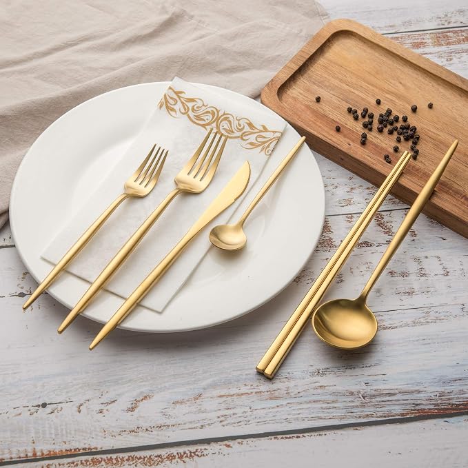 KiiZYs Matte Gold Silverware Set Cutlery Set - 14-piece 18/10 Stainless Steel Flatware Utensil Set - Korean Chopsticks Fork Spoon Knife - Reusable Dishwasher Safe - Gift Box (Gold, Service for 2)