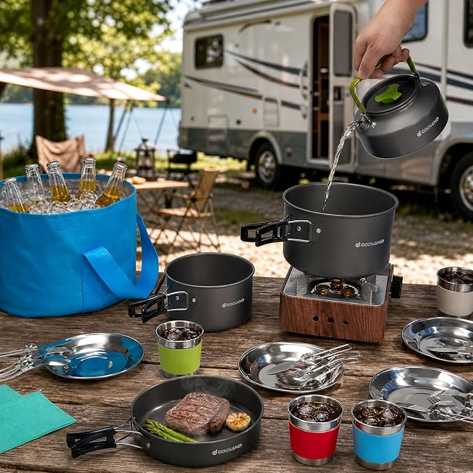 Odoland 29pcs Camping Cookware Mess Kit, Non-Stick Lightweight Pots Pan Kettle, Collapsible Water Container and Bucket, Stainless Steel Cups Plates Forks Knives Spoons for Outdoor Backpacking Picnic