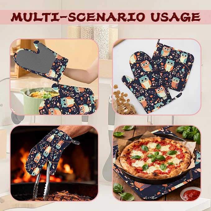 Cute Owl Heat-Resistant Silicone Oven Mitts and Pot Holders 4 Piece Set,Extra Long Non-Slip Kitchen Oven Gloves for Cooking, Baking, BBQ,Grilling