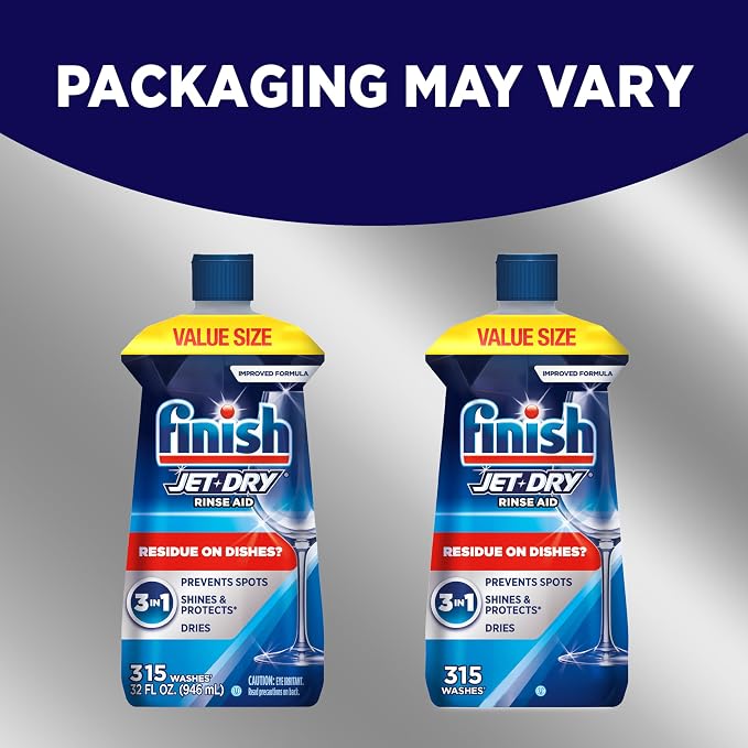 Finish Jet-Dry Dishwasher Rinse Aid, Compatible with Dishwasher Detergent, Prevents Spots & Residues, Dries, Shine & Protects, 32 oz, 315 washes (Pack of 2)