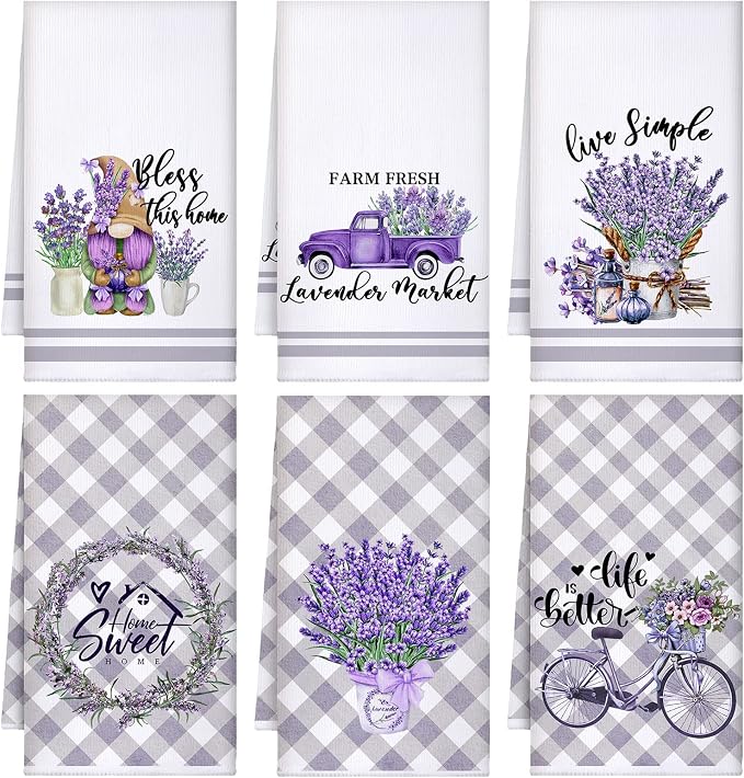 Boyiee 6 Set Lavender Kitchen Towels Purple Floral Dishcloth | Rustic Absorbent Purple Tea Hand Towels, 24 x 16 Inches Lavender Lover Gifts for Farmhouse Kitchen Bathroom Accessories Decor