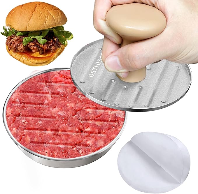Burger Press, 5 Inch Hamburger Patty Maker in Stainless Steel | Burger Mold with Wooden Handle and Base, Includes 100 Patty Papers for Homemade Burgers, BBQ and Meal Prep