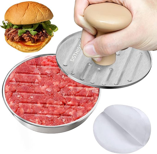 Burger Press, 5 Inch Hamburger Patty Maker in Stainless Steel | Burger Mold with Wooden Handle and Base, Includes 100 Patty Papers for Homemade Burgers, BBQ and Meal Prep
