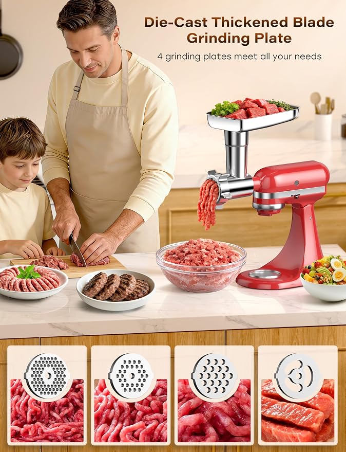 100% Polished Stainless Steel Meat Grinder Attachment for KitchenAid Mixer, Dishwasher Safe Food Grinder Attachment Anti-Corrosion, 18-Piece Set Includes 3 Seamless Sausage Stuffers, 4 Grinding Plates