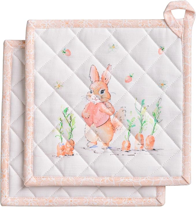 Maison d' Hermine Pot Holders 100% Cotton Potholders (8" x 8", Pack of 2) | Heat Resistant Hot Pads with Loop BBQ Cooking Baking Farmhouse Kitchen Handling Hot Pans Spring Summer - Bunny Party