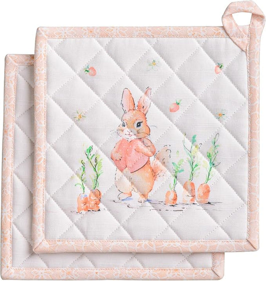 Maison d' Hermine Pot Holders 100% Cotton Potholders (8" x 8", Pack of 2) | Heat Resistant Hot Pads with Loop BBQ Cooking Baking Farmhouse Kitchen Handling Hot Pans Spring Summer - Bunny Party