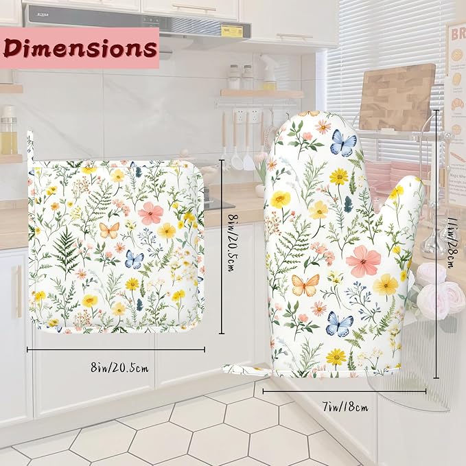 Wildflowers Oven Mitts and Pot Holders (4PCS),Vintage Plants Herb Flower Butterfly Heat Resistant Non-Slip Silicone Kitchen Gloves for Cooking, Baking, BBQ Waterproof Kitchen Accessories