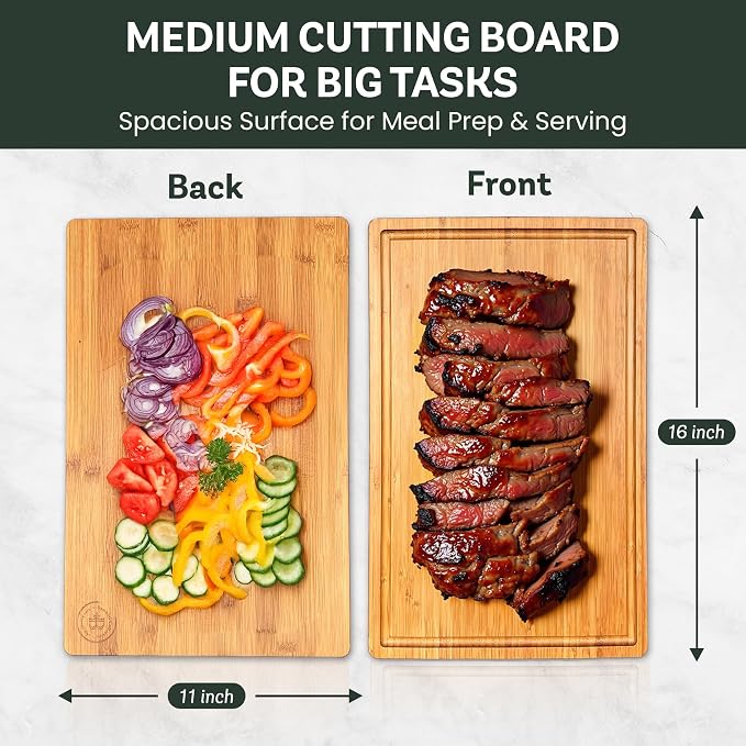Wood Cutting Board for Kitchen - 1 Inch Thick Bamboo Wooden Chopping Board, Butcher Block Cutting Board with Juice Groove, Handles, Large Meat Cutting Board, Charcuterie Serving Board, 16 x 11