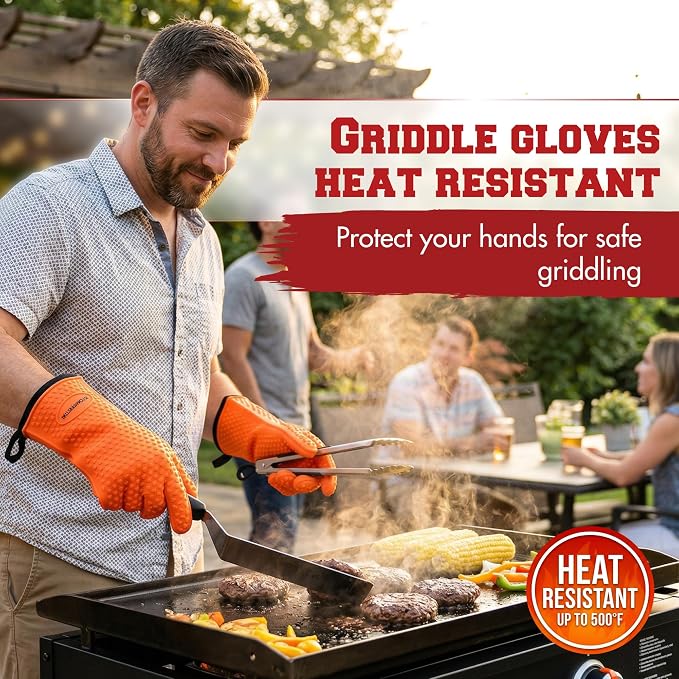 KITCHEN PERFECTION Silicone Griddle Grill Gloves Heat Resistant Oven Mitts | Waterproof, 5-Finger Design For A Better Grip, Best Griddle Grilling Accessories, Compatible with Blackstone, Weber & More