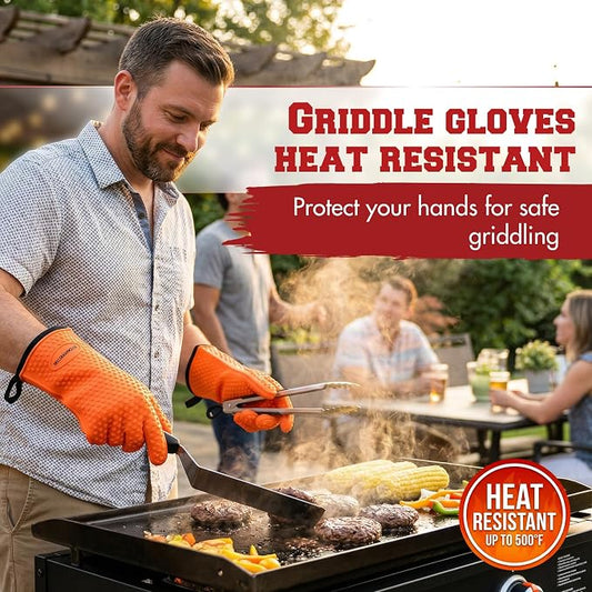 KITCHEN PERFECTION Silicone Griddle Grill Gloves Heat Resistant Oven Mitts | Waterproof, 5-Finger Design For A Better Grip, Best Griddle Grilling Accessories, Compatible with Blackstone, Weber & More