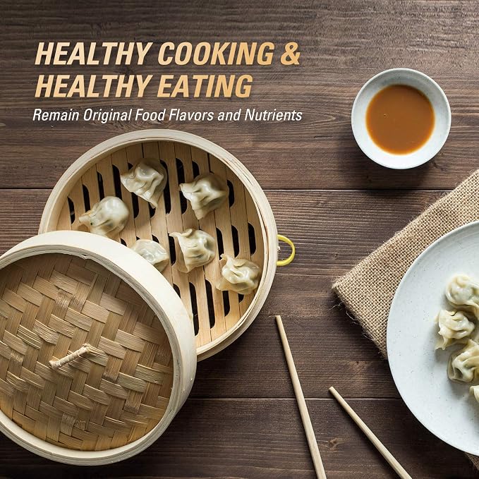 MacaRio 10 Inch Bamboo Steamer Basket Set Dumpling Steamer for Cooking | 2-tier with lid side handles chopsticks ceramic sauce dishes 50 paper liners for dumplings buns vegetables