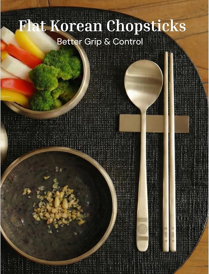 ONGI Korean Spoon and Chopstick 1 Set – Premium 18/10 Stainless Steel – Double Happiness Design – Gift-Ready – Made in Korea – Dishwasher Safe (Hee Pattern Silver 1 Set)