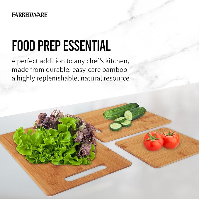 Farberware 3-Piece Wood Cutting Board Set,Reversible Chopping Boards for Meal Prep and Serving,Charcuterie Boards,Wooden Cutting-Boards with Built-in Handles,Set of 3 Assorted Sizes,Bamboo,(Pack of 3)