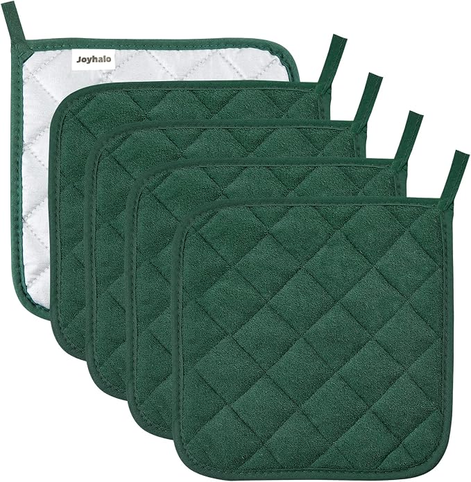 Joyhalo 5 Pack Pot Holders for Kitchen Clearance | Cotton Made, Machine Washable, Heat Resistant Potholder, Hot Pads, Trivet for Cooking and Baking, Dark Green