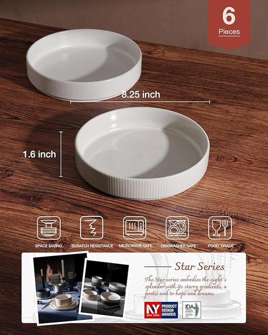 famiware Star 8.25" Pasta Bowls, Large Dinner Bowls Set of 6, Salad Bowl Plates, Shallow Bowls for Eating, Matte White (Full Glaze)