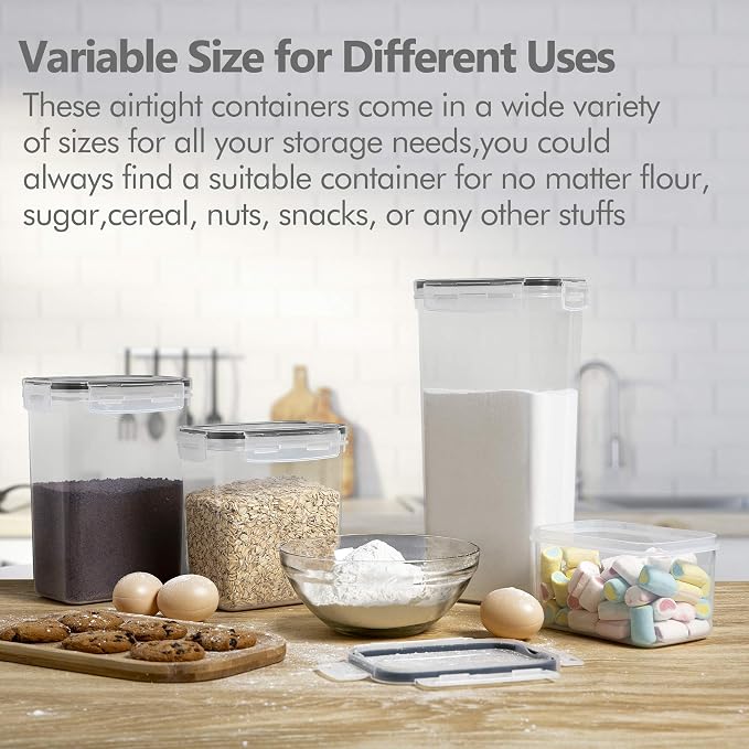 Airtight Food Storage Containers Set, 14 PCS Kitchen Storage Containers with Lids for Flour, Sugar and Cereal, Plastic Dry Food Canisters for Pantry Organization and Storage | BPA-Free Kitchen Organizers with Lids, For Flour, Sugar & Cereal, Plastic Dr...
