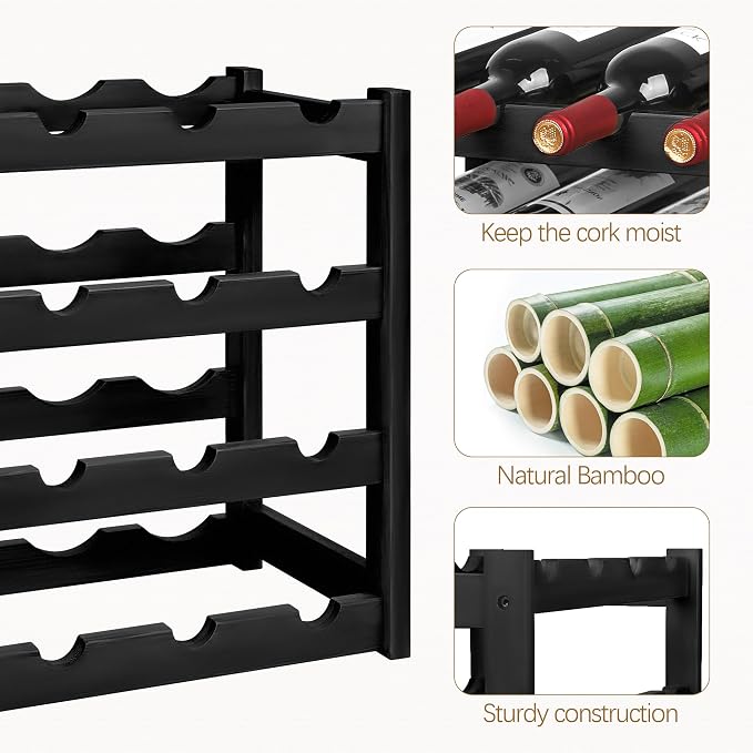 VASMIA Wine Rack, 4-Tier Bamboo Wine Racks Countertop,Sturdy and Durable Wine Storage Cabinet Shelf,16 Bottles Wine Holder for Kitchen Pantry, Black