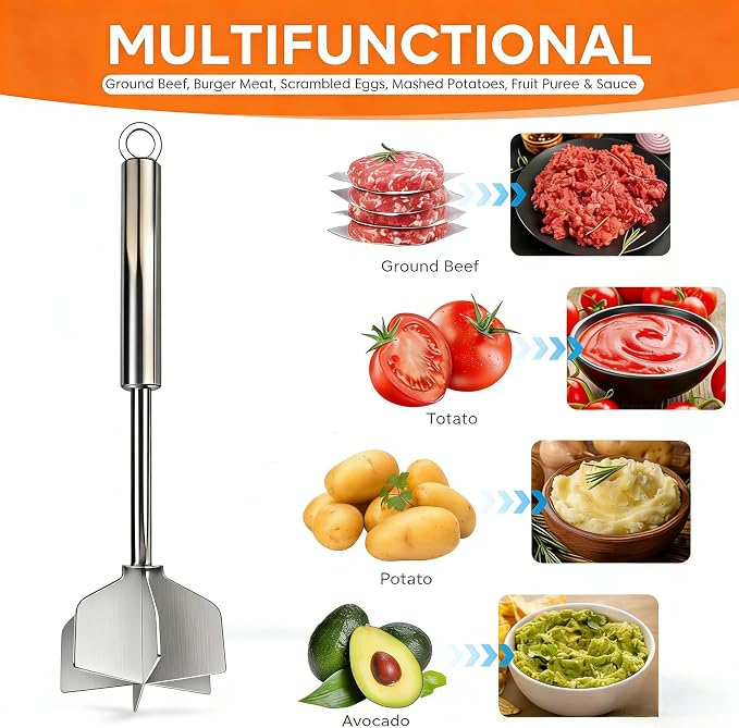 Meat Chopper - 304 Stainless Steel Meat Masher, 10 Inch Ground Beef Masher with 6 Blades, Premium Heat Resistant Smasher for Ground Beef, Hamburger Grinder, Non Stick Mix Ground Chopper, Potato Masher