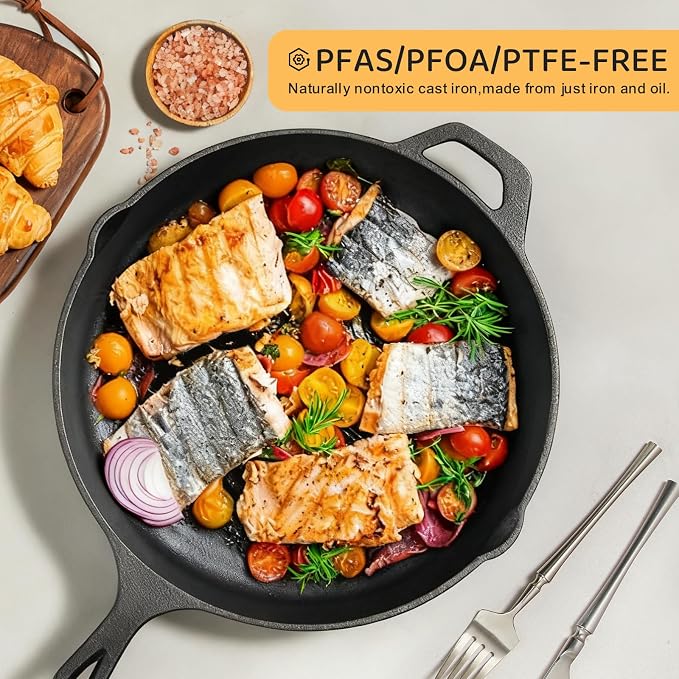 EWFEN Cast Iron Skillet 10 Inch, Pre-Seasoned Frying Pan, Heavy-Duty Professional Restaurant Chef Quality Cookware with Drip Spout, Indoor & Outdoor Use, Compatible with Oven, Stove, Grill & Campfire