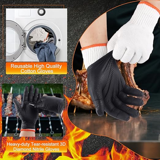 ANBOSON BBQ Gloves Disposable, Heat Resistant Grilling Gloves for Cooking | 10Mil Heavy Duty Nitrile Gloves-100Ct &4 Cotton Liners for Meat Handling Smoker for Hot Food Prep,Non-Slip Grip,XLarge,Black